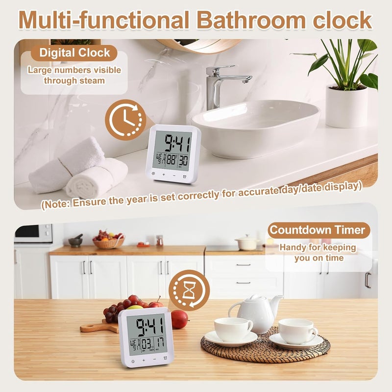 XINKORA Waterproof Shower Clock with Timer, Bathroom Wall Clock Displaying Temperature, Date & Day, Battery Operated LCD Digital Clock for Bath, Kitchen (White) - Image 3