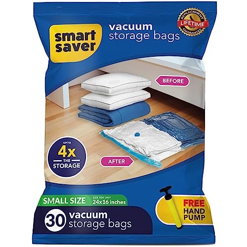 Smart Saver 30 Small Smart Saver Vacuum Bags for Travel, Space Saver Bags Compression Storage Bags for Clothes Vacuum Sealer Bags for Storage Vaccine Sealed Packing Ziplock Bag with Travelling Hand Pump - 40x60cm - Image 1