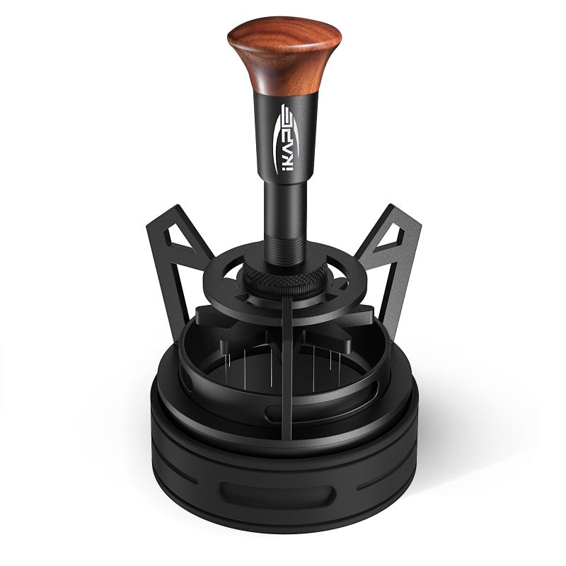 IKAPE أداة توزيع إسبريسو IKAPE 51mm Mantis WDT للبارستاس مع محرك تحريك 8 إبر وارتفاع إبرة قابل للتعديل مع قمع جرعات وحامل مقبض الجوز