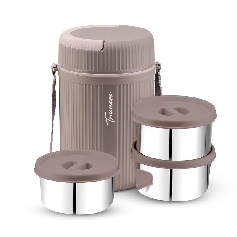 Trueware GRUB 3 Double Wall Insulated Hot Lunch Box with 3 SS Container 300 ML Each Bpa Free Food Grade Hot and Fresh Many Hours Beige - Image 1