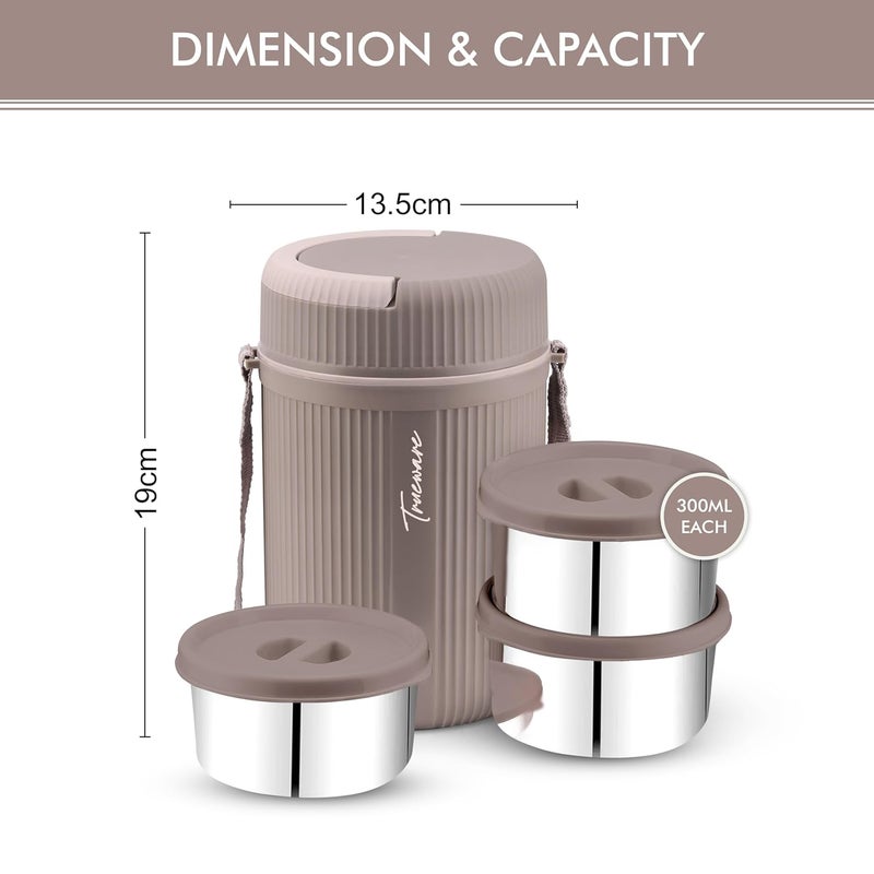 Trueware GRUB 3 Double Wall Insulated Hot Lunch Box with 3 SS Container 300 ML Each Bpa Free Food Grade Hot and Fresh Many Hours Beige - Image 3