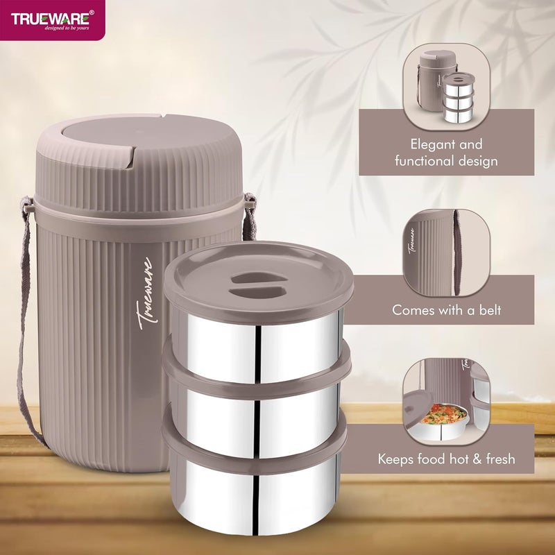 Trueware GRUB 3 Double Wall Insulated Hot Lunch Box with 3 SS Container 300 ML Each Bpa Free Food Grade Hot and Fresh Many Hours Beige - Image 4
