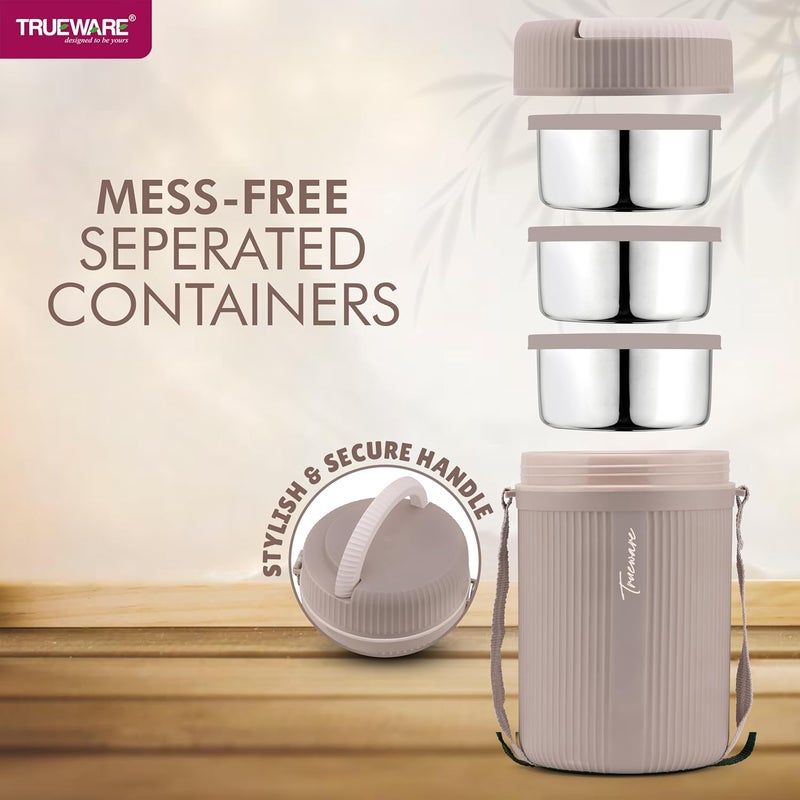 Trueware GRUB 3 Double Wall Insulated Hot Lunch Box with 3 SS Container 300 ML Each Bpa Free Food Grade Hot and Fresh Many Hours Beige - Image 5