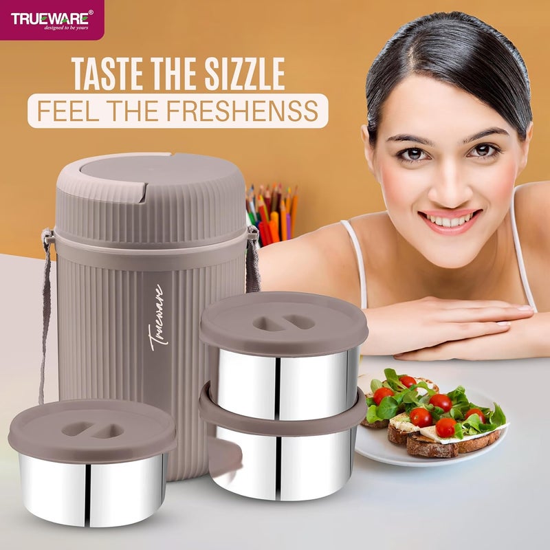 Trueware GRUB 3 Double Wall Insulated Hot Lunch Box with 3 SS Container 300 ML Each Bpa Free Food Grade Hot and Fresh Many Hours Beige - Image 2