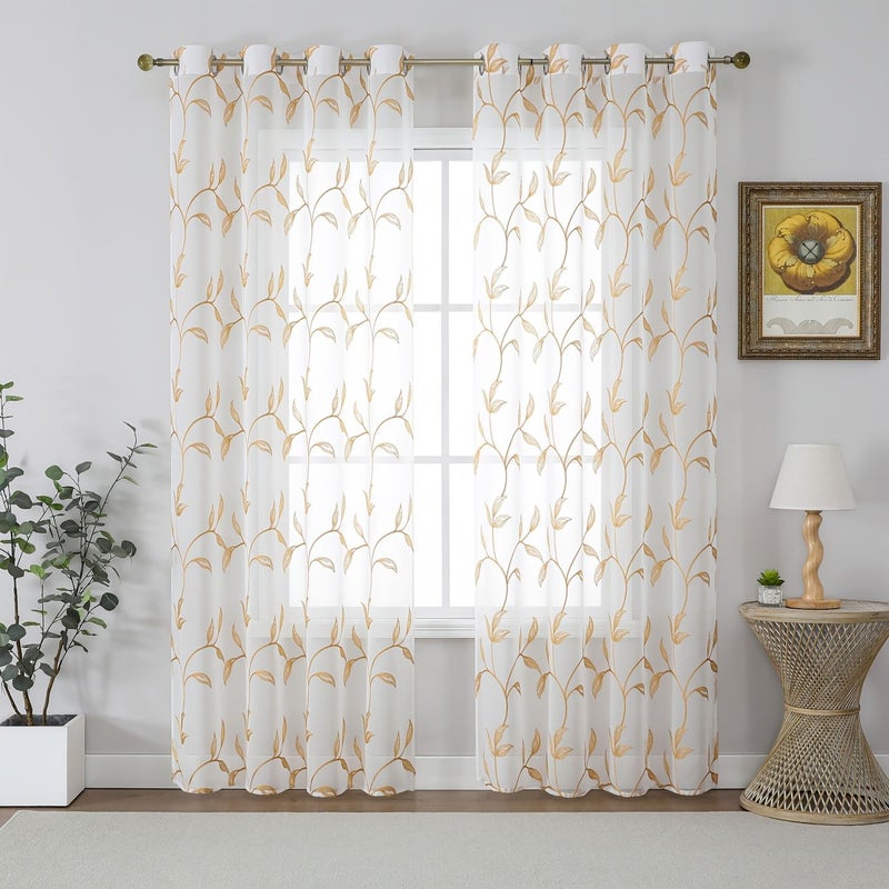 1 Piece White Rattan Leaf Embroidered Curtain With Metal Ring Top 132x183 Suitable For Bedroom Living Room Kitchen - Image 1