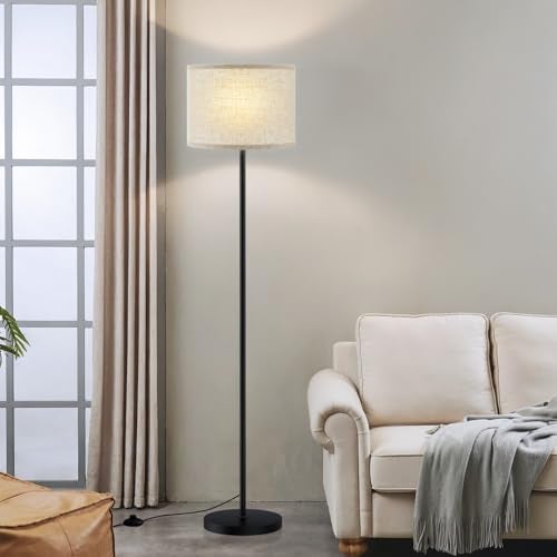 Ambimall 60'' Modern Floor Lamp with Shade, Tall Lamps for Living Room, Bedroom, Office, Dining Room, Beige Shade with Black Pole(Without Bulb) - Image 1