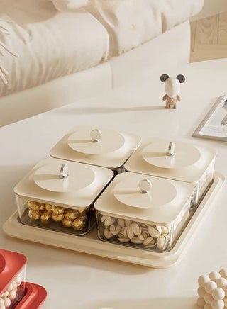 Elegant Creamy Serving Tray，Includes 4 Lidded Nut Jars And A Lidded Dessert Plate, Plus A Versatile Snack Tray—Perfect For Desserts, Nuts, And Cookies. An Ideal Choice For Family Gatherings, Parties, And Holiday Gifts. - view 3