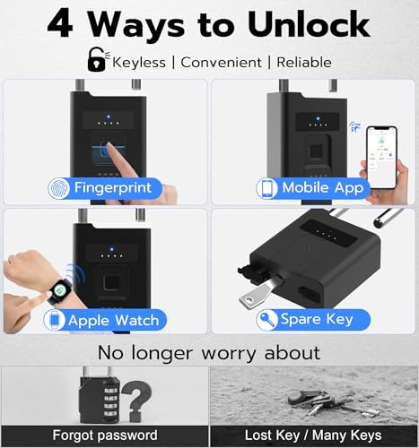 eLinkSmart Fingerprint Padlock with Key Backup, Heavy Duty Weatherproof Bluetooth Biometric Keyless Electronic Digital Smart Pad Lock for Gate Outdoor Fence Gym Locker Pool Shed Storage - Image 3