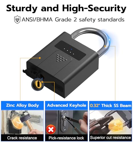 eLinkSmart Fingerprint Padlock with Key Backup, Heavy Duty Weatherproof Bluetooth Biometric Keyless Electronic Digital Smart Pad Lock for Gate Outdoor Fence Gym Locker Pool Shed Storage - Image 5
