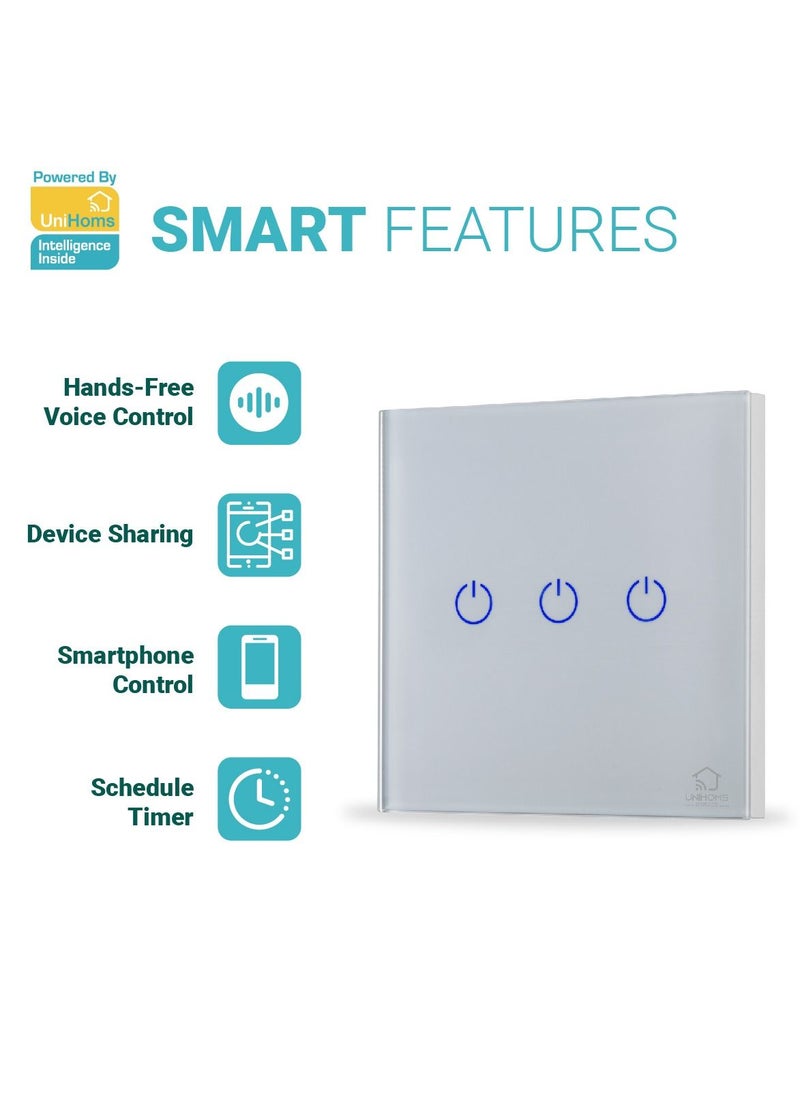 UNIHOMS - 2-Gang WiFi Touch Wall Smart Light Switch No Neutral Wire Needed Works with Alexa, Google Home Assistant and Siri - Image 1