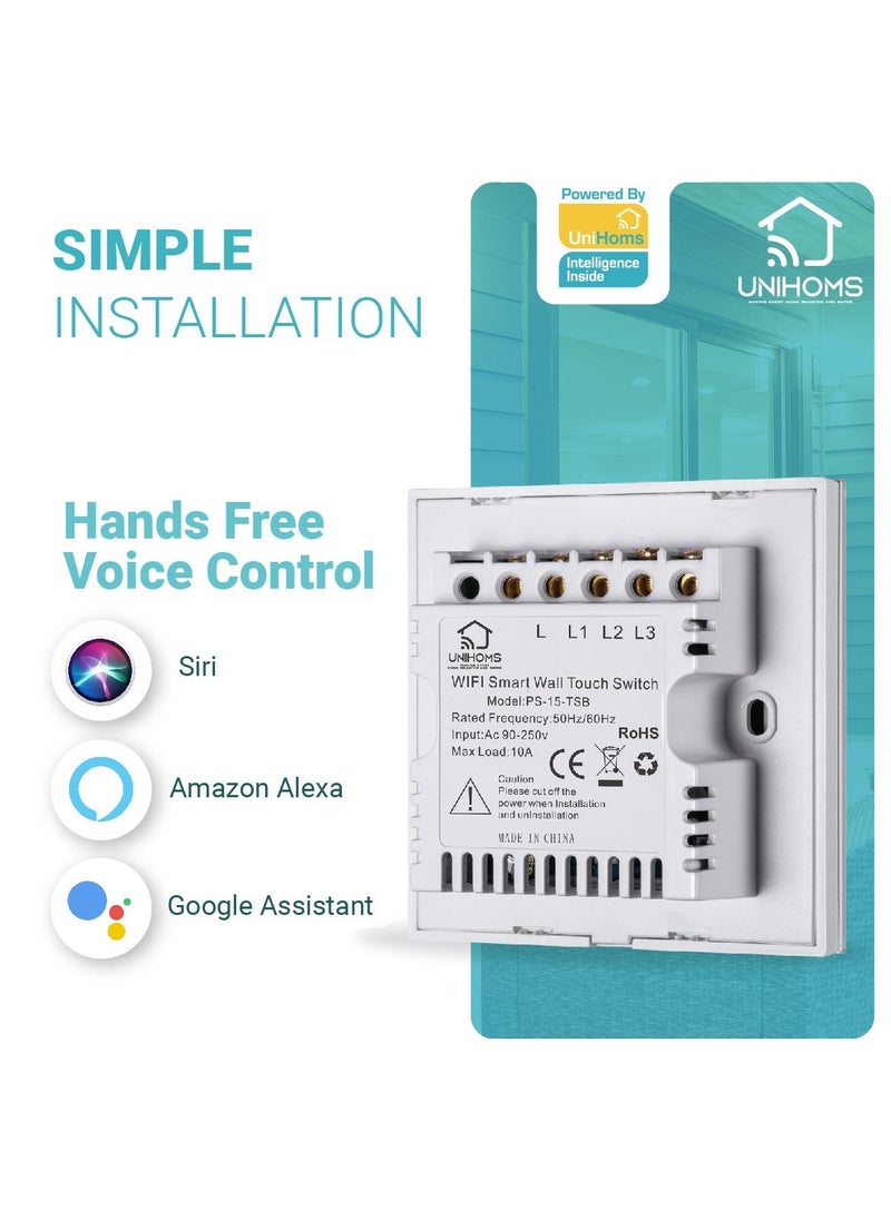 UNIHOMS - 2-Gang WiFi Touch Wall Smart Light Switch No Neutral Wire Needed Works with Alexa, Google Home Assistant and Siri - Image 1