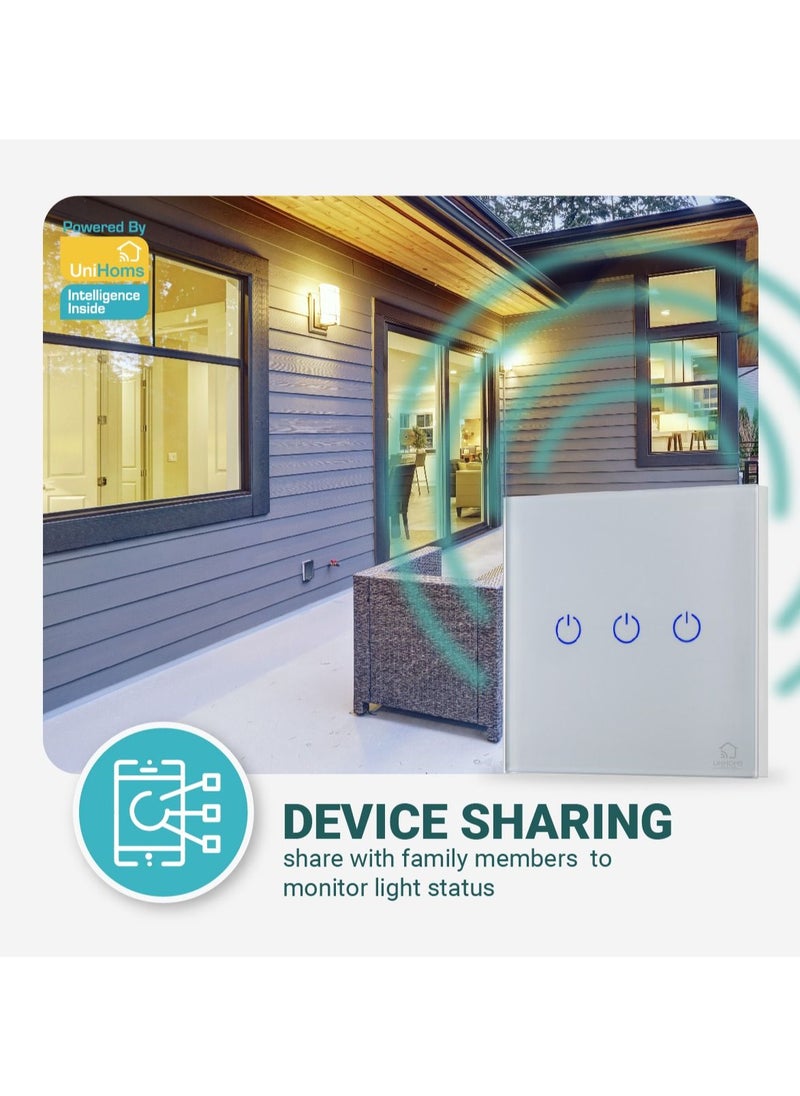UNIHOMS - 2-Gang WiFi Touch Wall Smart Light Switch No Neutral Wire Needed Works with Alexa, Google Home Assistant and Siri - Image 1