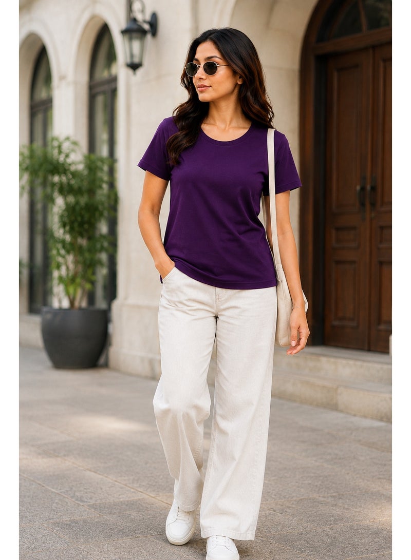 RSO Outfits Regular Fit Solid Cotton Half Sleeves Round Neck Women's T-Shirt Purple - Image 1