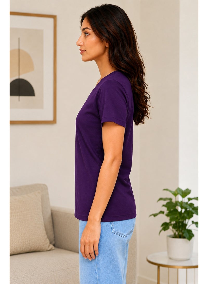 RSO Outfits Regular Fit Solid Cotton Half Sleeves Round Neck Women's T-Shirt Purple - Image 2