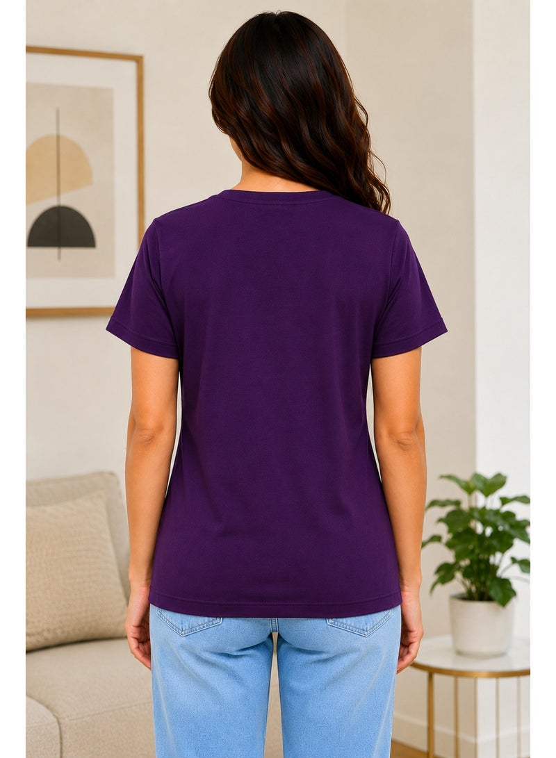 RSO Outfits Regular Fit Solid Cotton Half Sleeves Round Neck Women's T-Shirt Purple - Image 3
