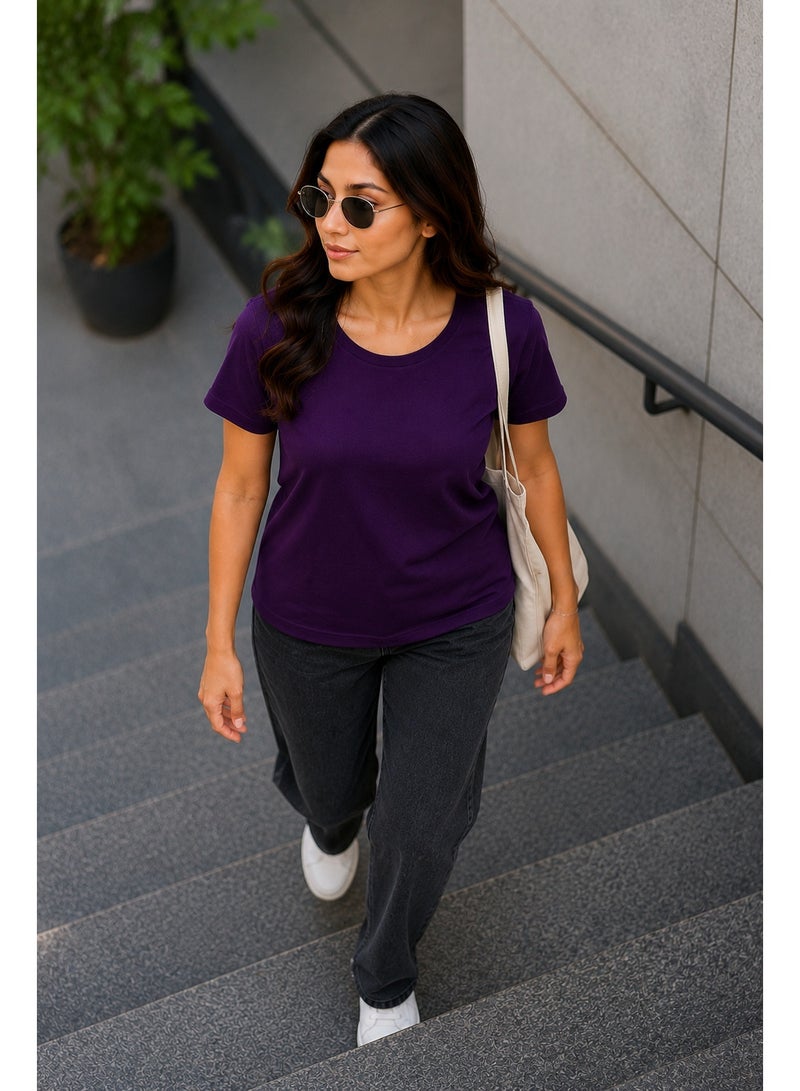 RSO Outfits Regular Fit Solid Cotton Half Sleeves Round Neck Women's T-Shirt Purple - Image 4