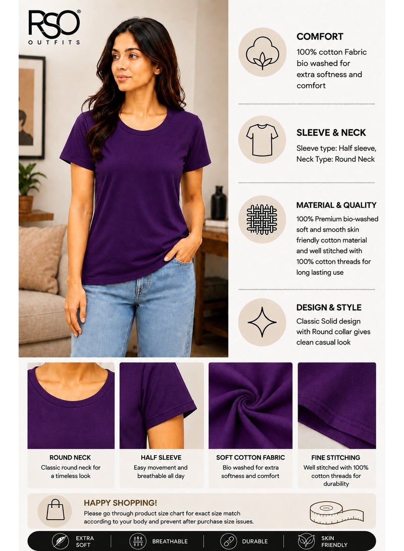 RSO Outfits Regular Fit Solid Cotton Half Sleeves Round Neck Women's T-Shirt Purple - Image 5