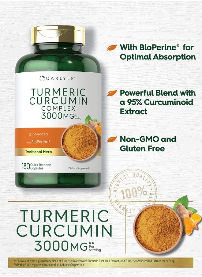 CARLYLE - Turmeric Curcumin with Black Pepper | 3000mg 180 Capsules | Curcuminoids and Bioperine Supplement | Non-GMO, Gluten Free - Image 1