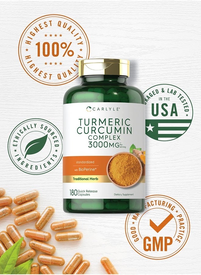 CARLYLE - Turmeric Curcumin with Black Pepper | 3000mg 180 Capsules | Curcuminoids and Bioperine Supplement | Non-GMO, Gluten Free - Image 1