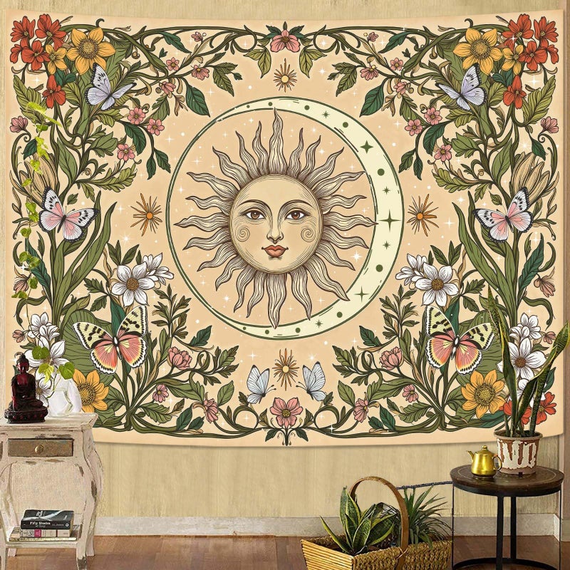 Accnicc Boho Sun and Moon Tapestry Vintage Floral Wall Tapestry for Bedroom Aesthetic Beige Celestial Plant Flower Butterfly Small Tapestries Wall Hanging for Living Room Dorm 60 x 44 Inch - Image 2