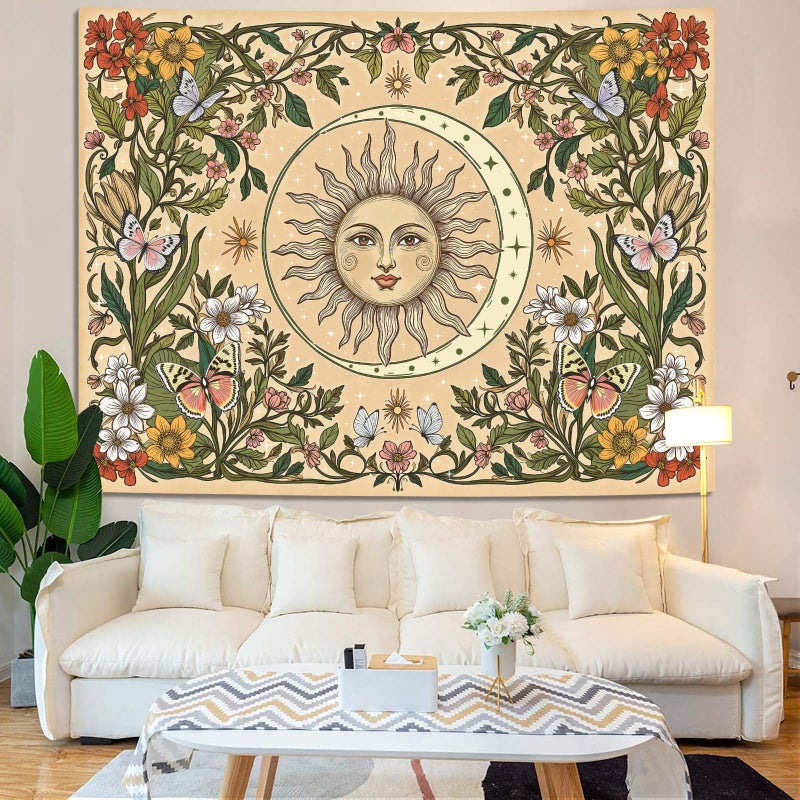 Accnicc Boho Sun and Moon Tapestry Vintage Floral Wall Tapestry for Bedroom Aesthetic Beige Celestial Plant Flower Butterfly Small Tapestries Wall Hanging for Living Room Dorm 60 x 44 Inch - Image 4