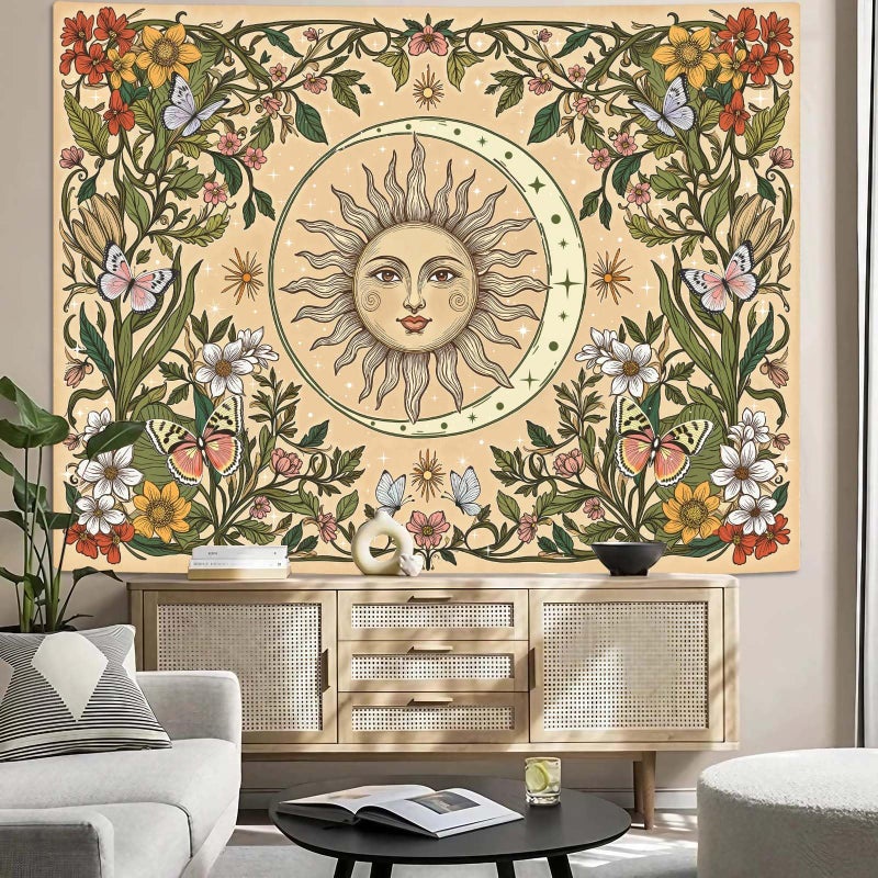 Accnicc Boho Sun and Moon Tapestry Vintage Floral Wall Tapestry for Bedroom Aesthetic Beige Celestial Plant Flower Butterfly Small Tapestries Wall Hanging for Living Room Dorm 60 x 44 Inch - Image 5