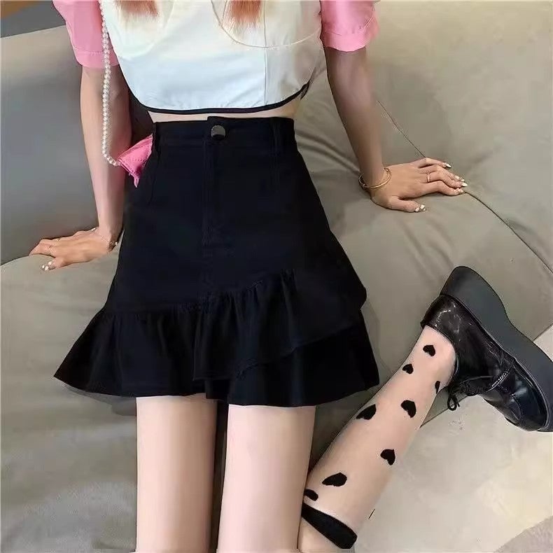 Versatile Summer A-Line Fishtail High-Waisted Slimming Women'S Short Skirt Bodycon Denim Skirt Half Skirt With Ruffles - Image 1