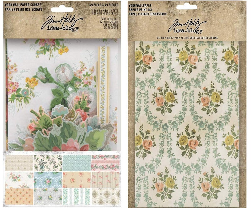 Tim Holtz Worn Wallpaper Scraps and Worn Wallpaper Decorative Paper 5 x 8 Sheets DieCuts