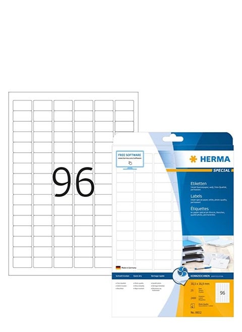 HERMA Self Adhesive Multi-Purpose Labels, 96 Labels Per A4 Sheet, 2400 Labels For Inkjet Printers, 30.5 x 16.9 mm (8832), White