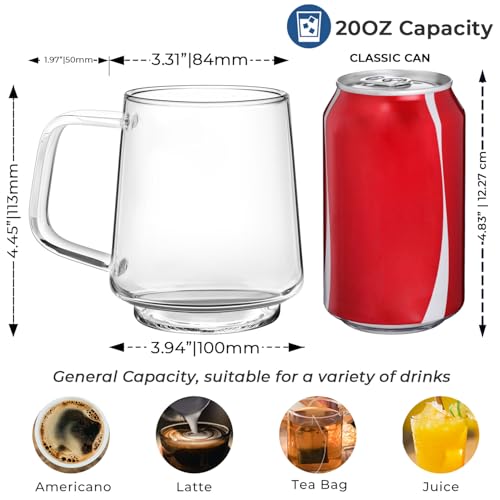 Aquach 20 Oz Glass Coffee Tea Cups, Clear Mugs with Handle, Microwave and Dishwasher safe Home Office Mug Perfect for Americano Latte Hot Beverages, 2-Pack - Image 4