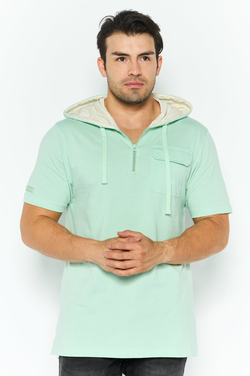 Akademiks Men Hooded Short Sleeve Brand Logo Hoodie, Mint Green  - Image 1
