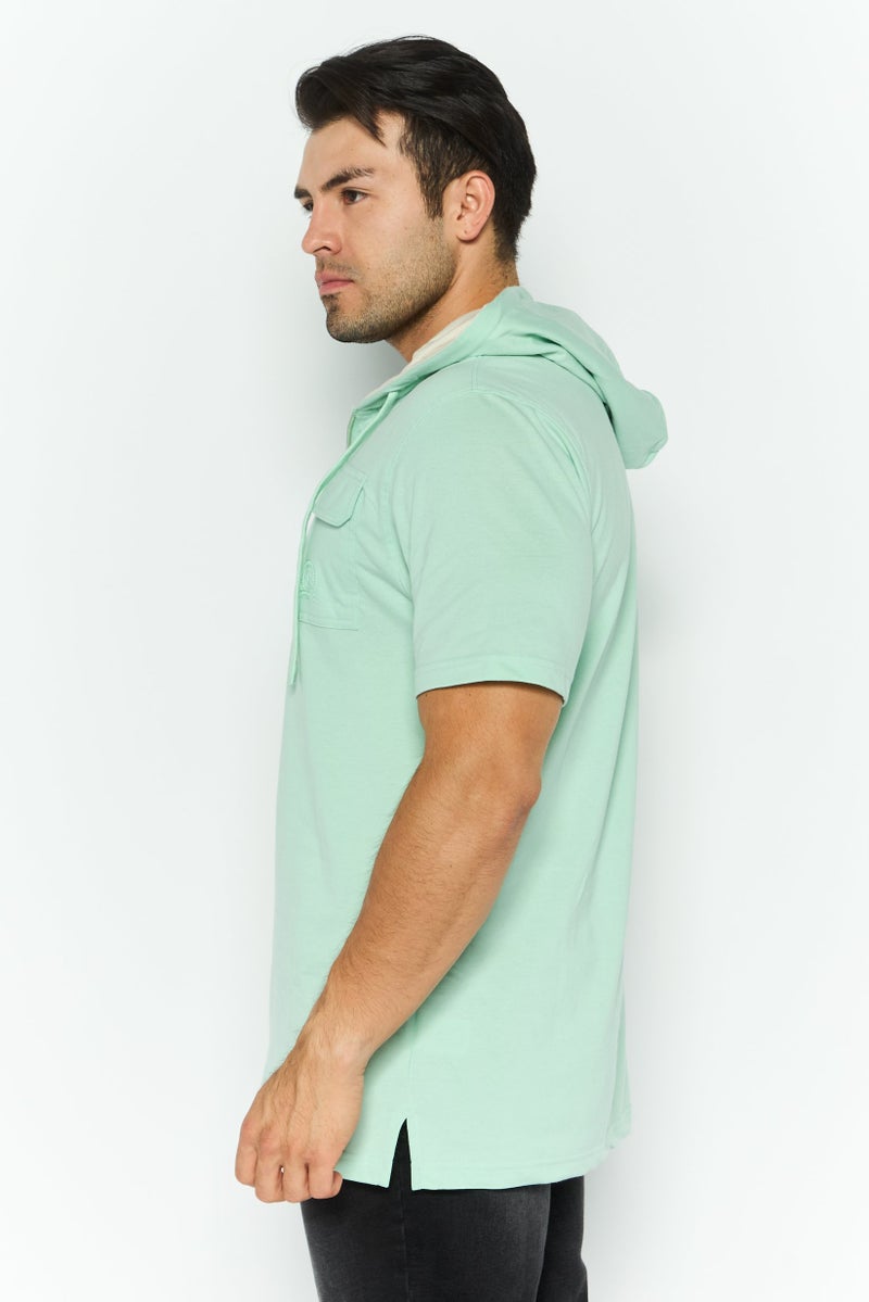 Akademiks Men Hooded Short Sleeve Brand Logo Hoodie, Mint Green  - Image 2