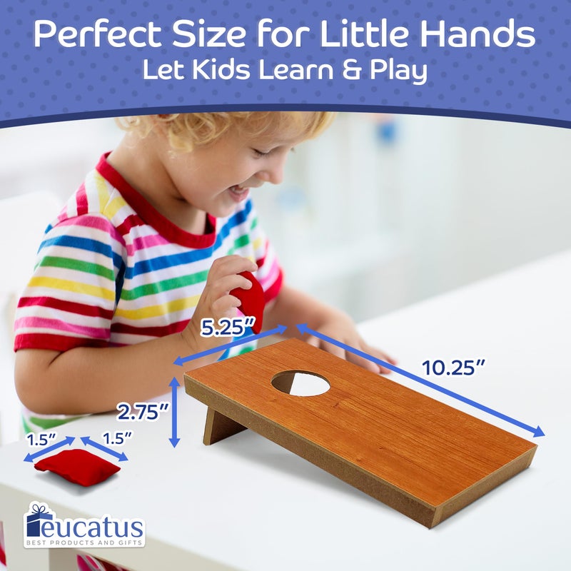 Eucatus Best Products & Gifts Super Fun MINI Kids Portable Tabletop Cornhole Set. Two 10.5" x 5.25" Boards with 4 Red & 4 Blue Double Lined Bags. Great Slumber Party, Sleepover, or Birthday Party Bag Toss Game for Your Child - Image 2