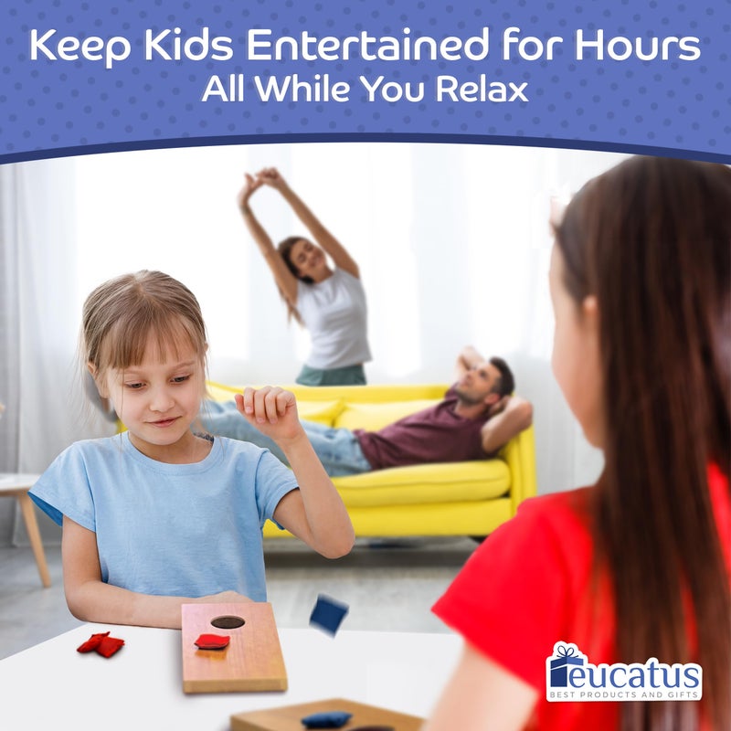 Eucatus Best Products & Gifts Super Fun MINI Kids Portable Tabletop Cornhole Set. Two 10.5" x 5.25" Boards with 4 Red & 4 Blue Double Lined Bags. Great Slumber Party, Sleepover, or Birthday Party Bag Toss Game for Your Child - Image 3