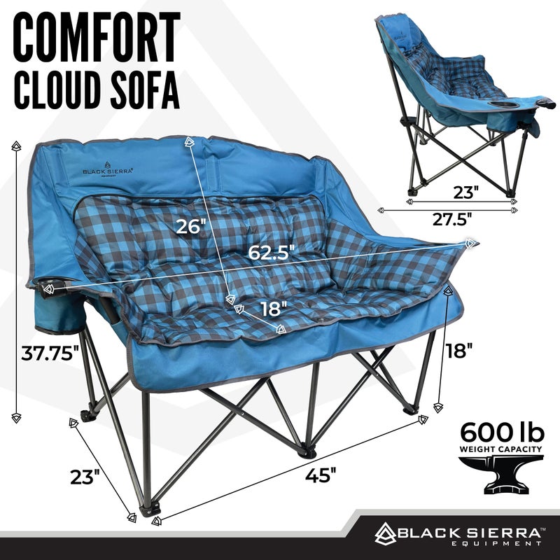 Black Sierra Equipment Black Sierra Double Loveseat Comfort Camping Couch, Oversized Folding Chair for Adults, 600â€‘lb Capacity, Plush Padded Heavy Duty Outdoor Seat with Cup Holders & Carry Bag for Beach, RV - Image 2