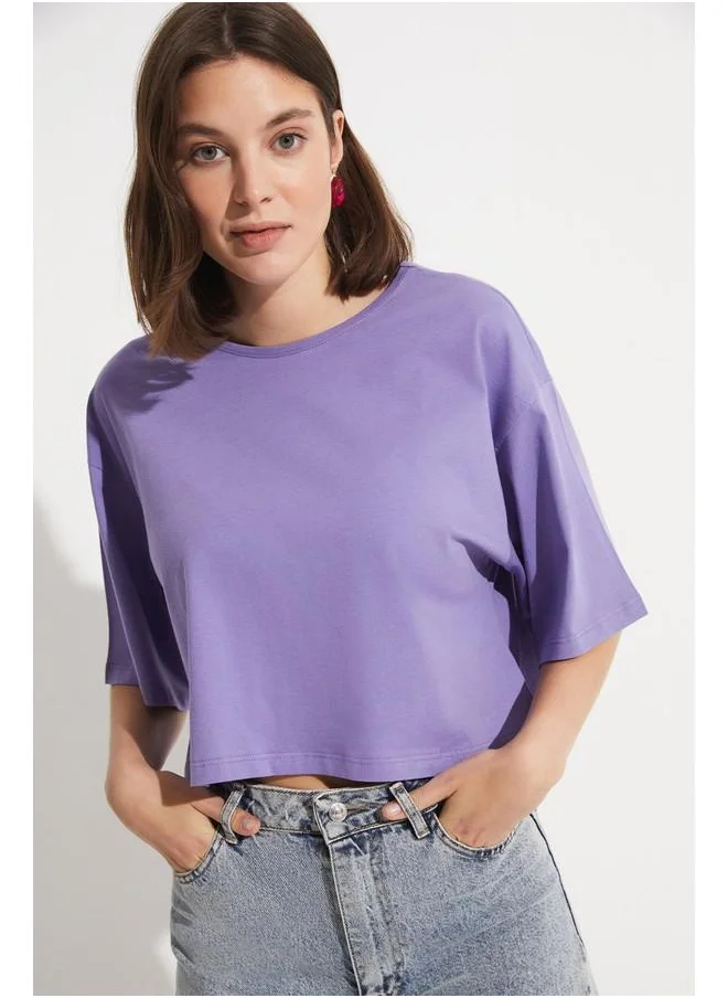 جون June 100% Cotton Loose Crop T-Shirt Purple