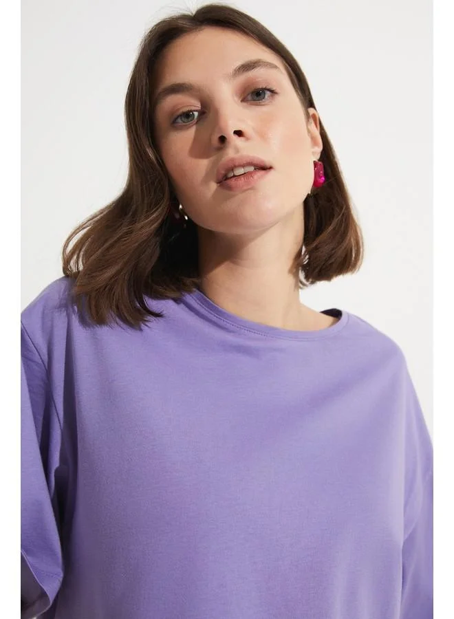 جون June 100% Cotton Loose Crop T-Shirt Purple
