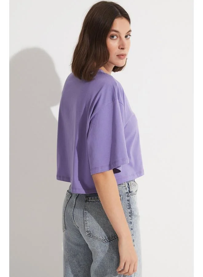 جون June 100% Cotton Loose Crop T-Shirt Purple