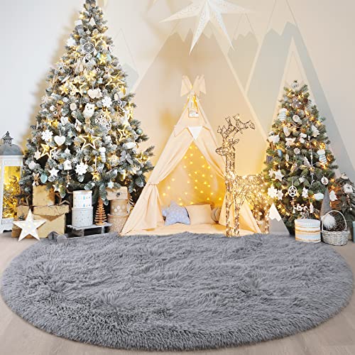 FlyDOIT Grey Round Rug for Bedroom, Super Fluffy Circle Rugs for Baby Nursery, 4'X4' Feet Furry Carpet for Children Kids Room, Cute Soft Shaggy Rug for Girls Home Decor, Fuzzy Plush Carpets for Dorm - Image 2