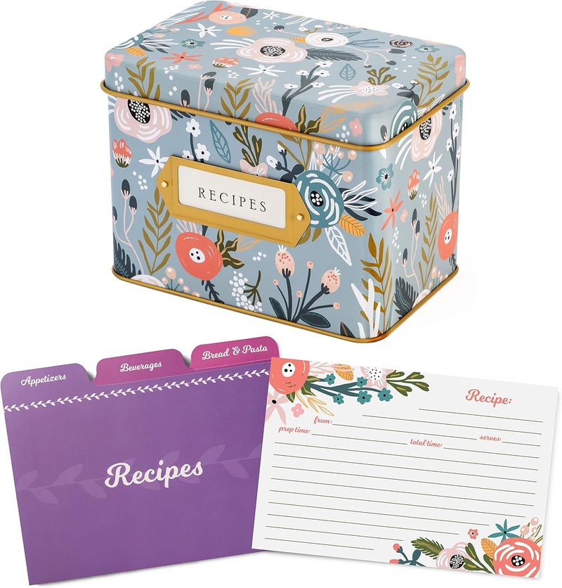 Jot  Mark Recipe Card Gift Box, 25 4x6 inch Cards, 14 Dividers, Decorative Tin Box - Recipe Tin - Image 1