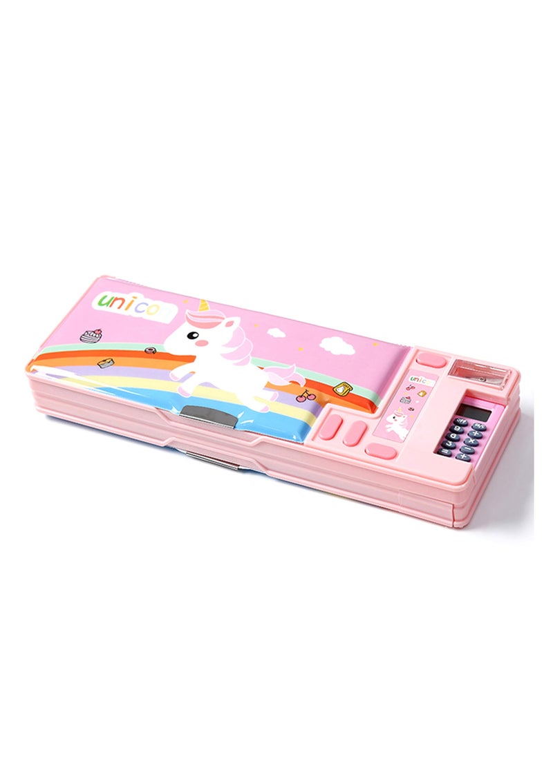 Generic Creative Multifunctional Pencil Case With Button Cartoon Pattern, Suitable For Children'S Stationery Set, Suitable For Girls And Boys With Compartments, Pencil Sharpener (Unicorn) Pink  - Image 1