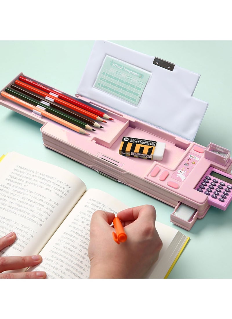 Generic Creative Multifunctional Pencil Case With Button Cartoon Pattern, Suitable For Children'S Stationery Set, Suitable For Girls And Boys With Compartments, Pencil Sharpener (Unicorn) Pink  - Image 5