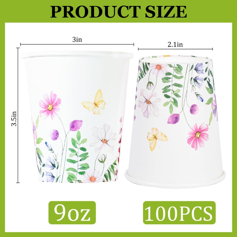 Elyxio 100Pcs Flowers Butterfly Paper Cups Spring Floral Disposable Party Cups 9oz Watercolor Wildflowers Drinking Cups for Hot Cold Beverage Bridal Wedding Shower Shower Party Supplies - Image 2