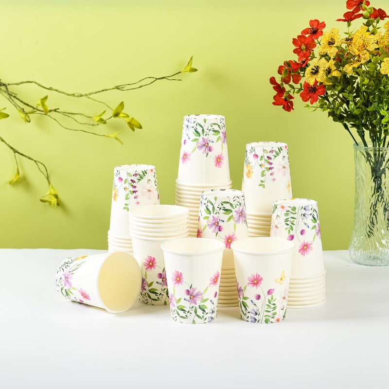 Elyxio 100Pcs Flowers Butterfly Paper Cups Spring Floral Disposable Party Cups 9oz Watercolor Wildflowers Drinking Cups for Hot Cold Beverage Bridal Wedding Shower Shower Party Supplies - Image 3