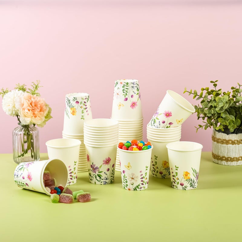 Elyxio 100Pcs Flowers Butterfly Paper Cups Spring Floral Disposable Party Cups 9oz Watercolor Wildflowers Drinking Cups for Hot Cold Beverage Bridal Wedding Shower Shower Party Supplies - Image 4