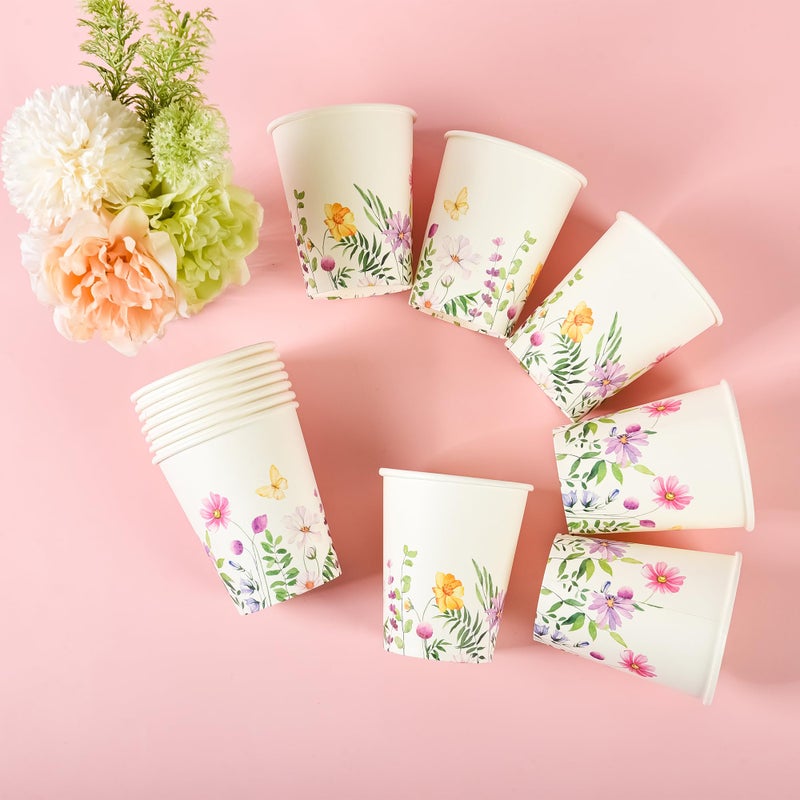 Elyxio 100Pcs Flowers Butterfly Paper Cups Spring Floral Disposable Party Cups 9oz Watercolor Wildflowers Drinking Cups for Hot Cold Beverage Bridal Wedding Shower Shower Party Supplies - Image 5