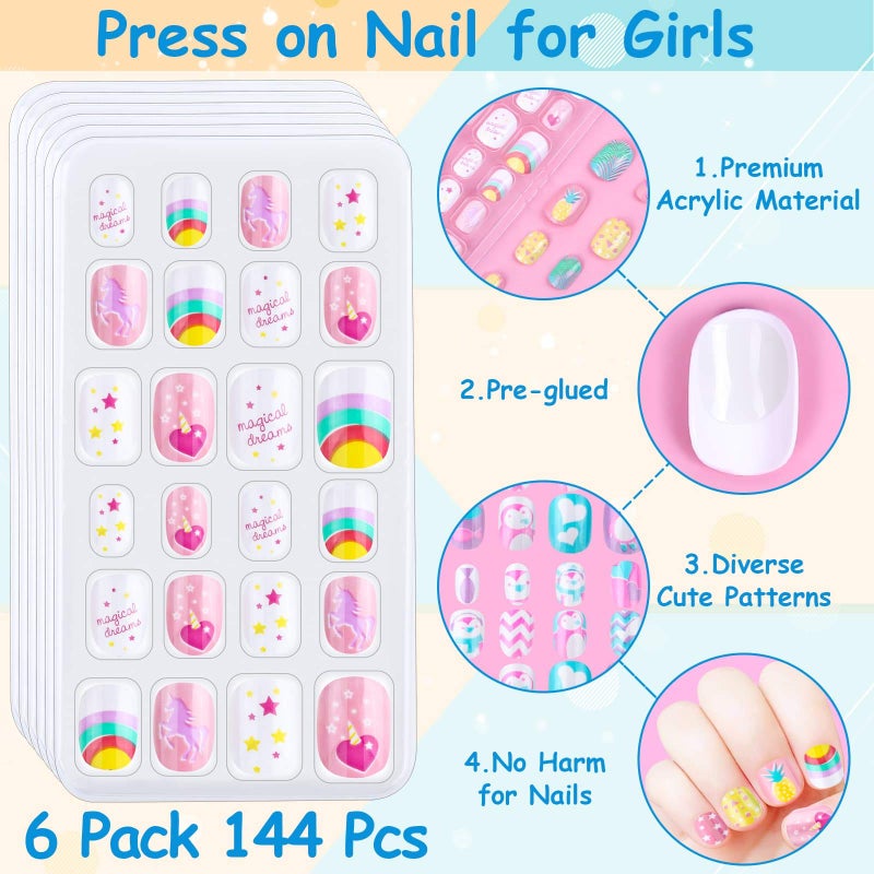 Thrilez 144 Pieces Press on Nails Grils, Thrilez Children Fake Artificial False Nail Tips Pre Glue Full Cover Short Acrylic Nails for Girls Kids Nail Art Decoration (Rainbow Sky) - Image 4