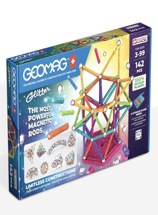 Geomag Classic Glitter 142-pc Magnetic Construction Set for Kids Ages 3 and Up | Swiss-Made STEM Educational Toy Made from 100% Recycled Plastic | Screen-Free Activity - Image 1
