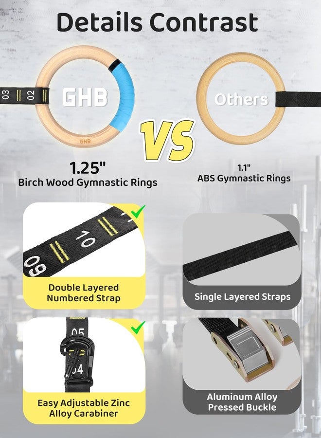 GHB Gymnastic Rings Wooden Gym Rings 1.25" Olympic Rings Adjustable Straps Pull Up Rings Sets for Workout Bodyweight Fitness Training - Image 3