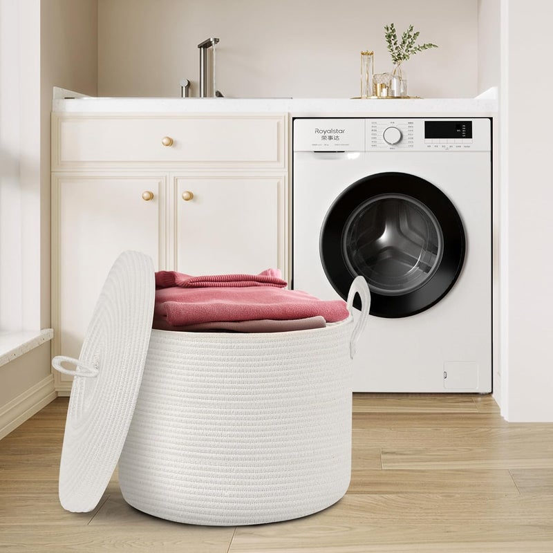 HONCESTA Extra Large 18x18x14 White Cotton Rope Basket with Lid, Modern Storage Solution for Blankets, Clothes, Toys and More - Image 4